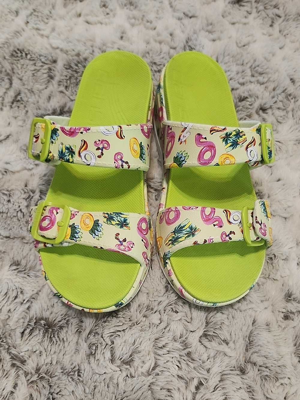Dansko Kandi Molded Pool Flats Womens 40 S9 Green Flamingo Slide Strap Sandal